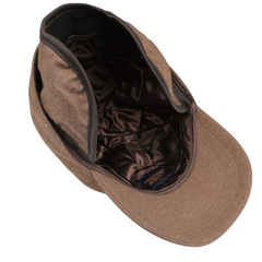 The Light Brown Loro Piana Wool Cashmere Baseball Cap by Wigéns boasts an open top lined with dark quilted fabric, a visible interior label, and a cozy foldable flap. Expertly crafted using the Loro Piana Storm System, it offers exceptional comfort.