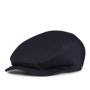 A Navy Blue Cashmere Ivy Contemporary Cap from Wigéns, featuring a rigid brim and soft crown, is showcased on a white background.