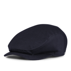 A Navy Blue Cashmere Ivy Contemporary Cap from Wigéns, featuring a rigid brim and soft crown, is showcased on a white background.