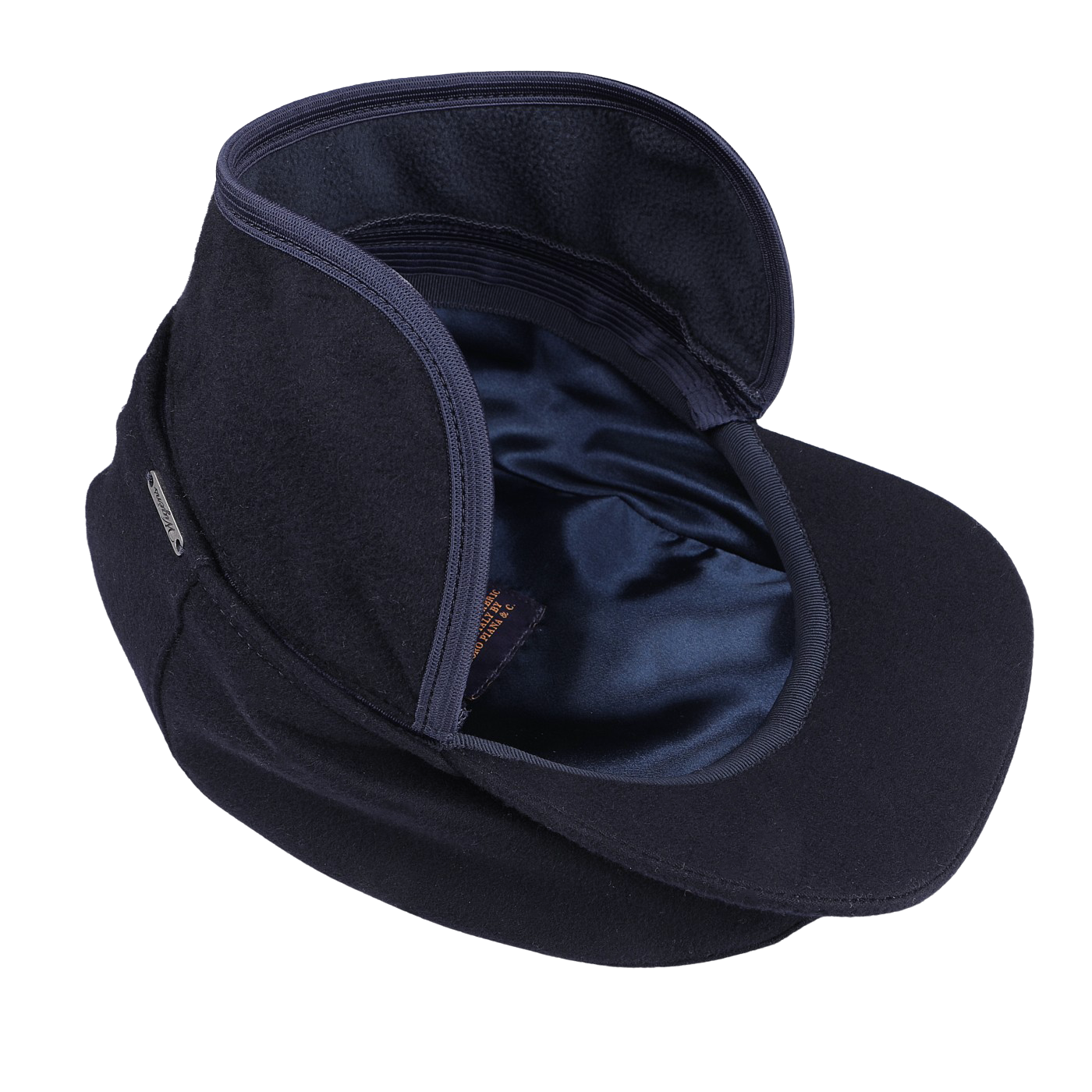 The Wigéns Navy Blue Cashmere Ivy Contemporary Cap, featuring ear flaps and a satin-lined interior, showcases modern style and warmth against a simple background.