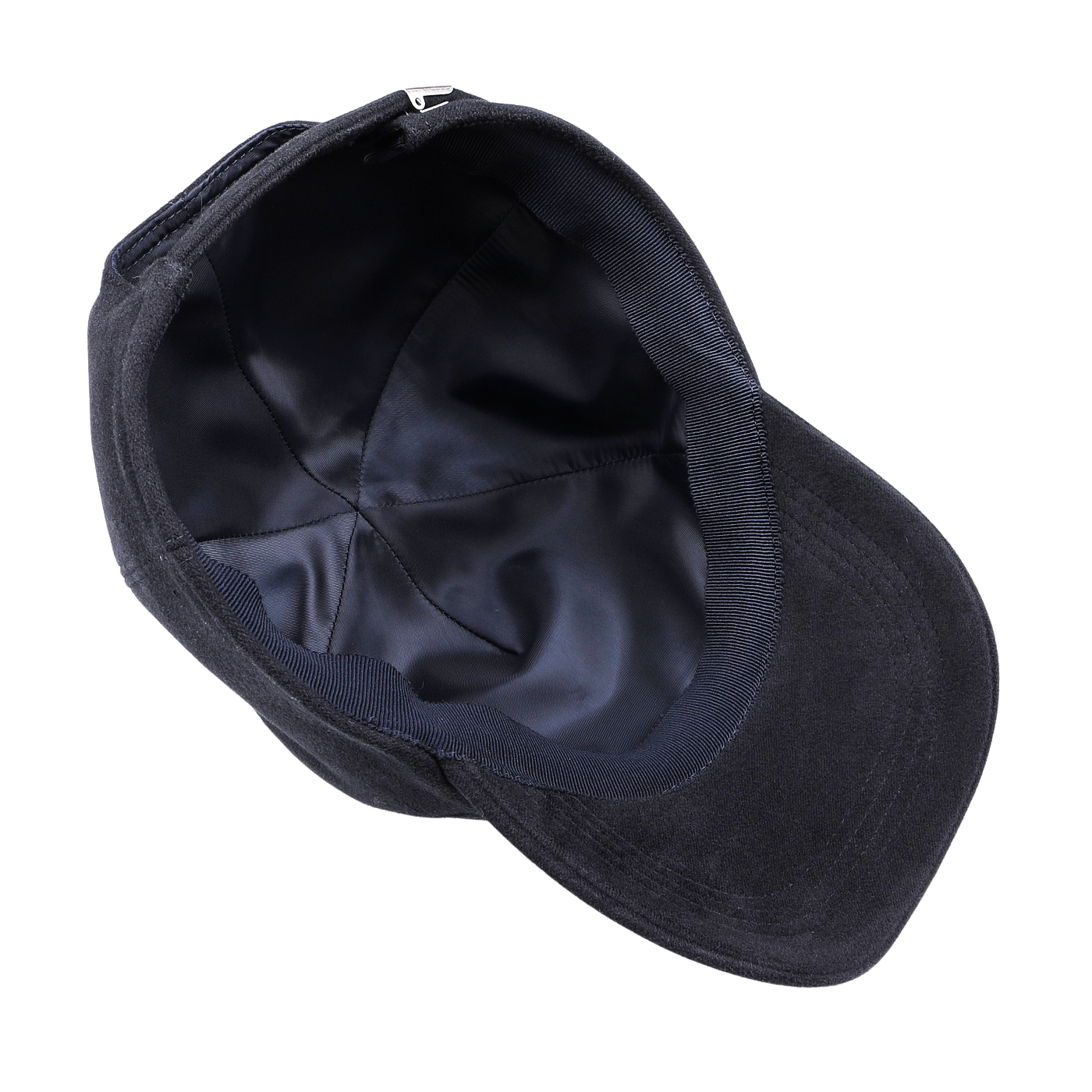 A Wigéns Navy Blue Cotton Moleskin Baseball Cap is showcased from above, highlighting its interior lining and structure.