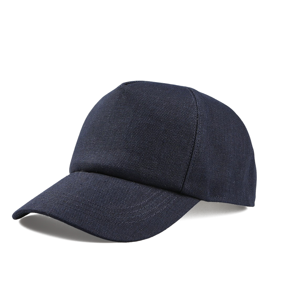 The Wigéns Navy Blue Linen Baseball Cap offers a curved brim, structured crown, and adjustable back strap against a plain background.