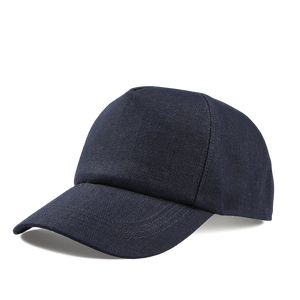 The Wigéns Navy Blue Linen Baseball Cap offers a curved brim, structured crown, and adjustable back strap against a plain background.