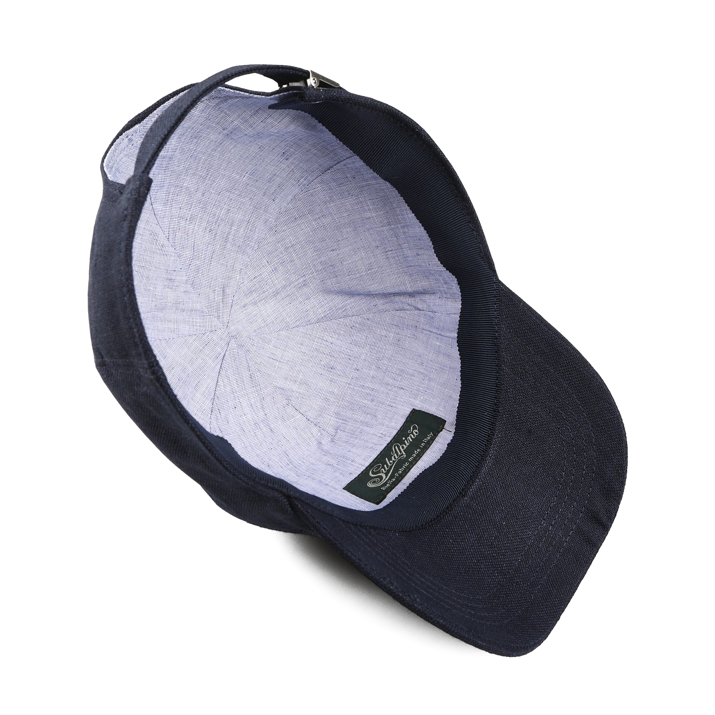 The Wigéns Navy Blue Linen Baseball Cap is displayed from above, showcasing its pure linen interior lining and an adjustable back strap.