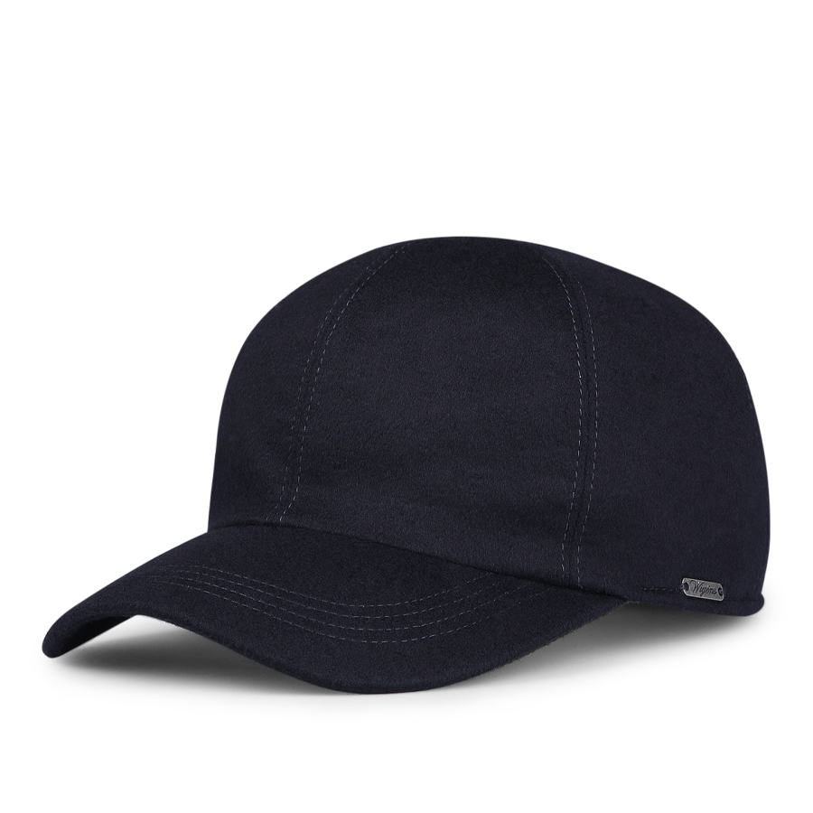 A sleek Wigéns Navy Loro Piana cashmere baseball cap featuring visible stitching, a curved brim, and a small metal tag on the side.