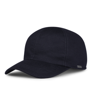 A sleek Wigéns Navy Loro Piana cashmere baseball cap featuring visible stitching, a curved brim, and a small metal tag on the side.