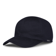 A sleek Wigéns Navy Loro Piana cashmere baseball cap featuring visible stitching, a curved brim, and a small metal tag on the side.