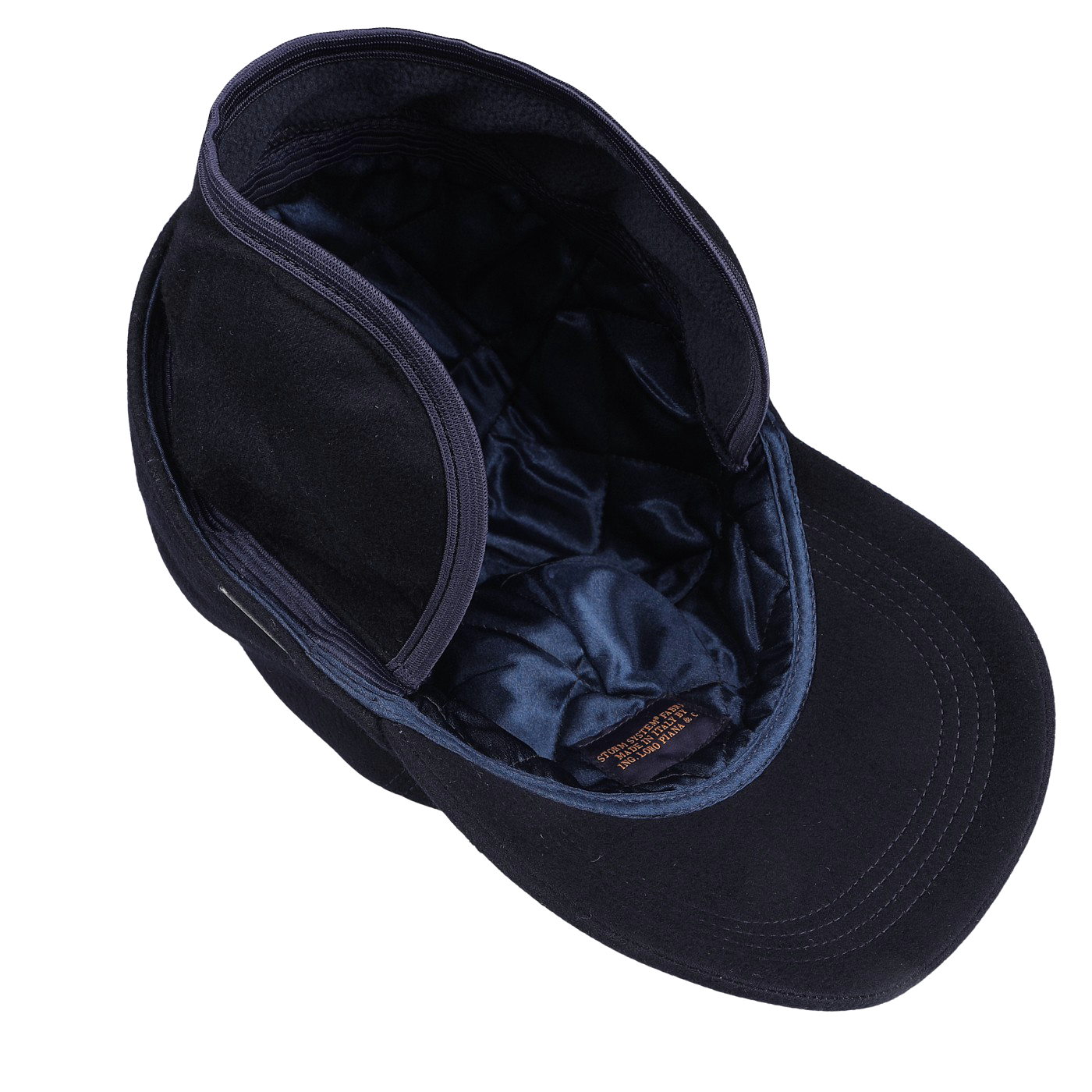 The Navy Loro Piana Cashmere Baseball Cap by Wigéns is pictured from above, showcasing its quilted lining, short brim, cashmere interior material, and meticulous stitching details.