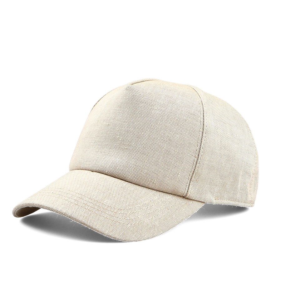 The Wigéns Sand Beige Linen Baseball Cap features a curved brim and adjustable back strap, crafted from pure linen and shown on a white background.