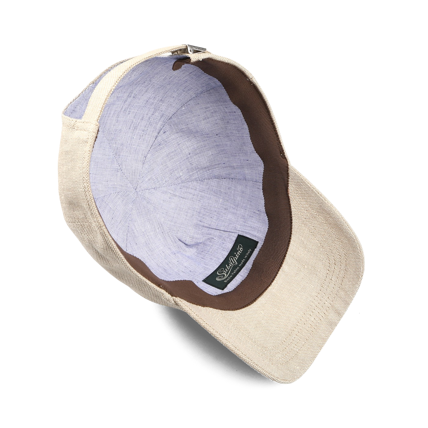 The Sand Beige Linen Baseball Cap by Wigéns features a brown and purple interior lining with an adjustable strap for the perfect fit. A label ensures authenticity.