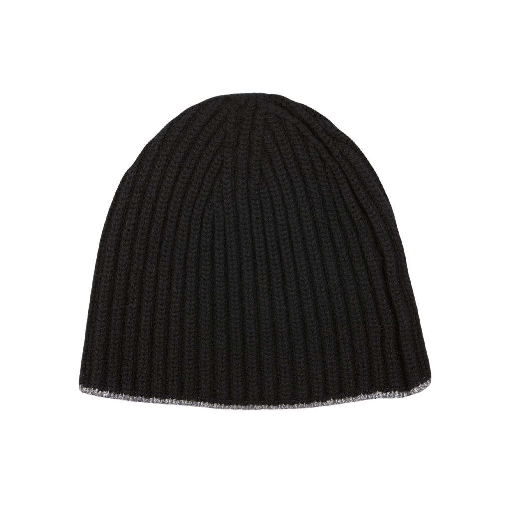 A Black Earl Grey Cashmere Ribbed Short Beanie crafted with Scotland's finest William Lockie cashmere on a white background.