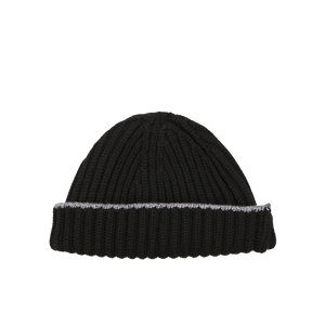 A Black Earl Grey Cashmere Ribbed Short Beanie on a white background by Scotland's finest William Lockie.