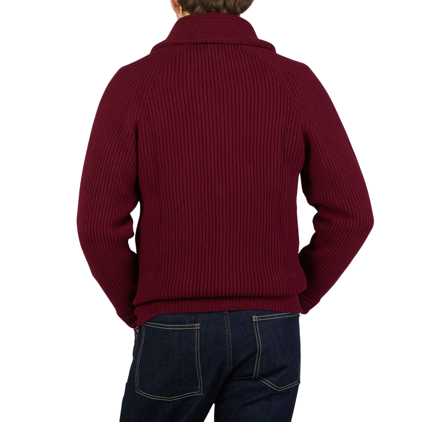 The back view of a man wearing a maroon William Lockie Bordeaux Lambswool Shawl Collar Cardigan.