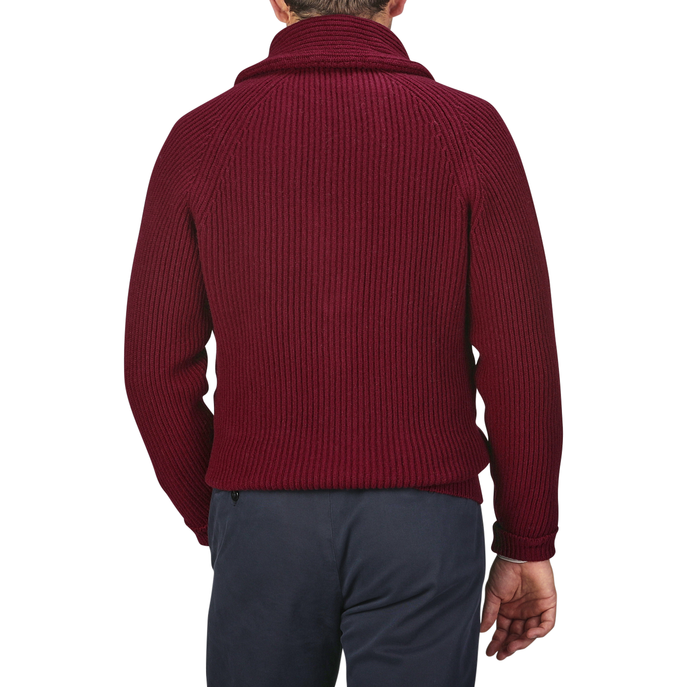 A person wearing a Bordeaux Lambswool Shawl Collar Cardigan by William Lockie and dark pants, viewed from the back against a neutral background.