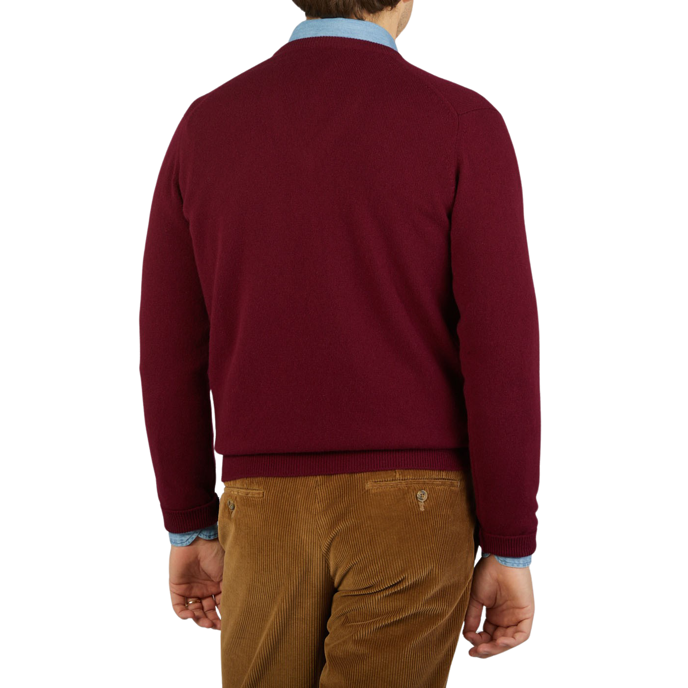 The back view of a man wearing a William Lockie Bordeaux V-Neck Lambswool Sweater.