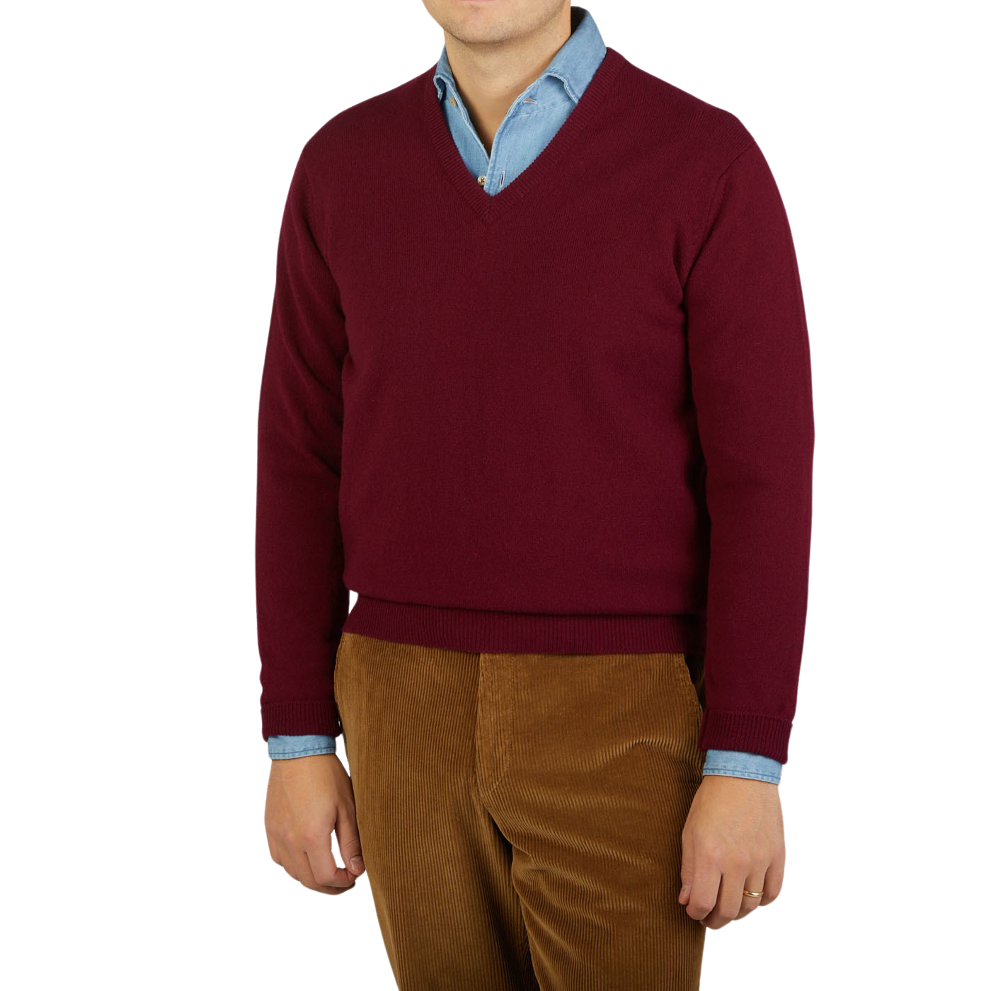 A man wearing a comfy Bordeaux V-Neck Lambswool sweater by William Lockie.