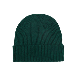 A warm Bottle Green Cashmere Fine Ribbed Beanie hat on a white background by William Lockie.