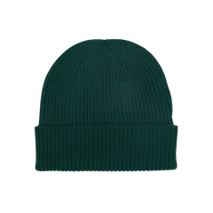 A warm Bottle Green Cashmere Fine Ribbed Beanie hat on a white background by William Lockie.