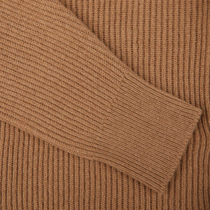A close up image of a William Lockie Brown Camel Hair Shawl Collar Cardigan in camel brown.