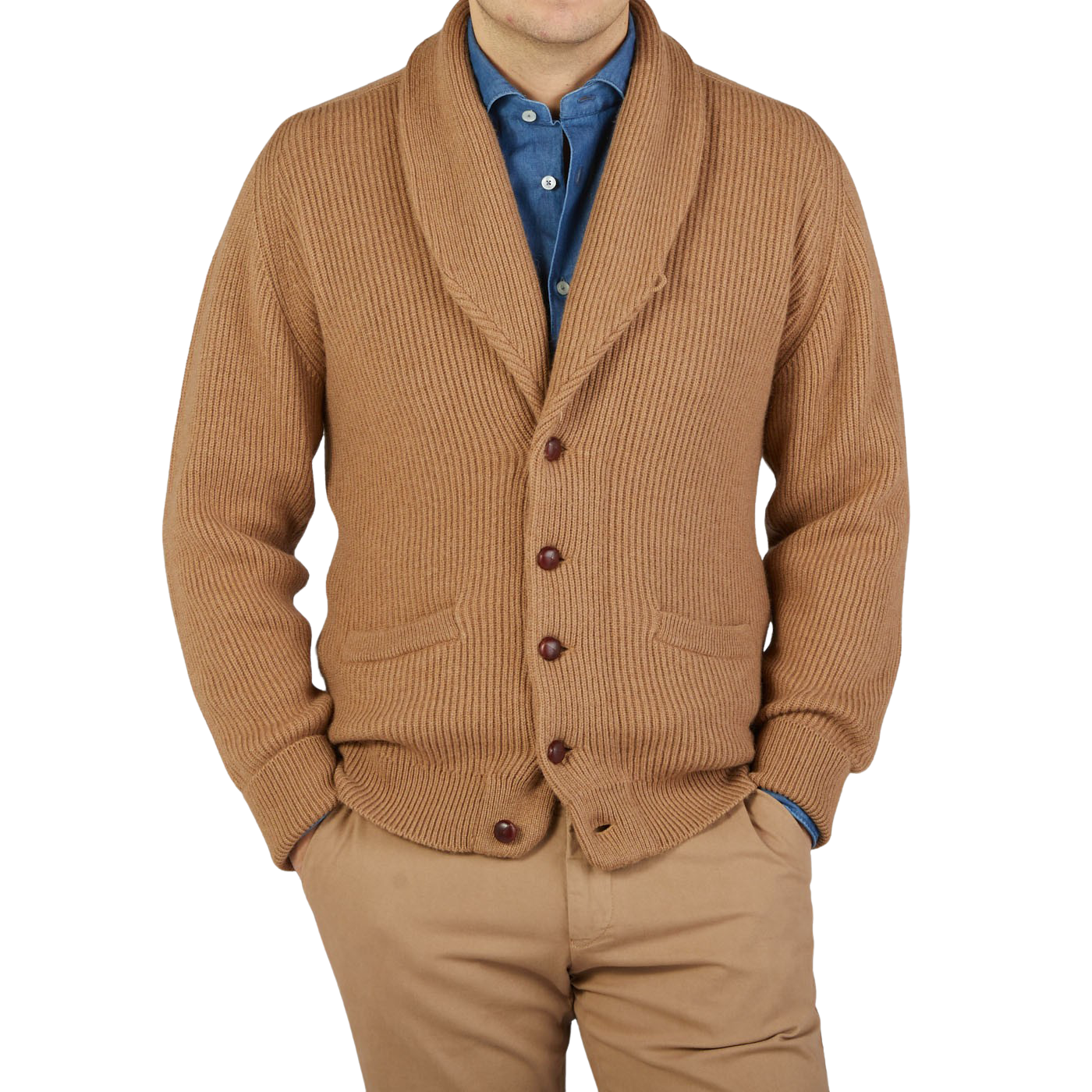 A man wearing a William Lockie Brown Camel Hair Shawl Collar Cardigan made of pure camel hair.