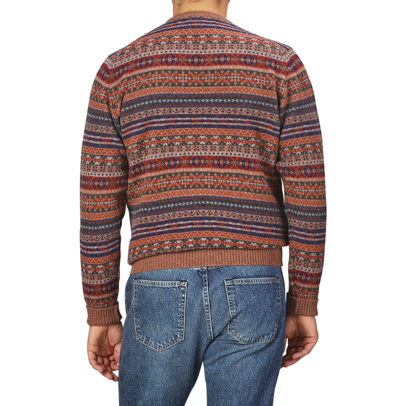 A man is pictured from the back against a plain background, wearing a William Lockie Brown Fair Isle Crew Neck Lambswool Sweater with red, blue, and brown stripes, paired with blue jeans.