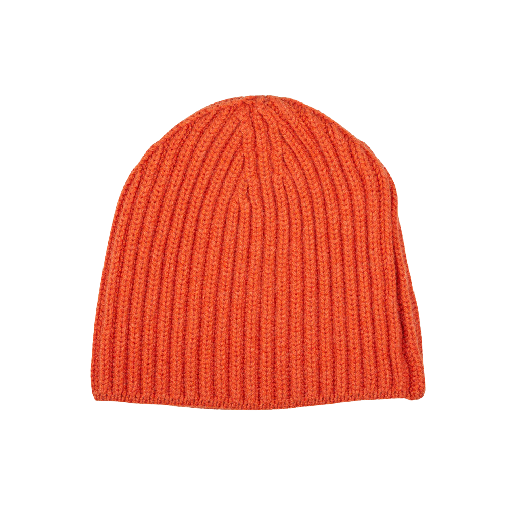 A Burnt Orange Cashmere Ribbed Short Beanie by William Lockie on a white background.