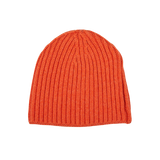 A Burnt Orange Cashmere Ribbed Short Beanie by William Lockie on a white background.