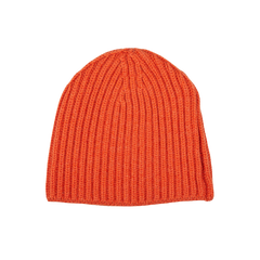 A Burnt Orange Cashmere Ribbed Short Beanie by William Lockie on a white background.