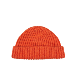 A Burnt Orange Cashmere Ribbed Short Beanie by William Lockie on a white background.