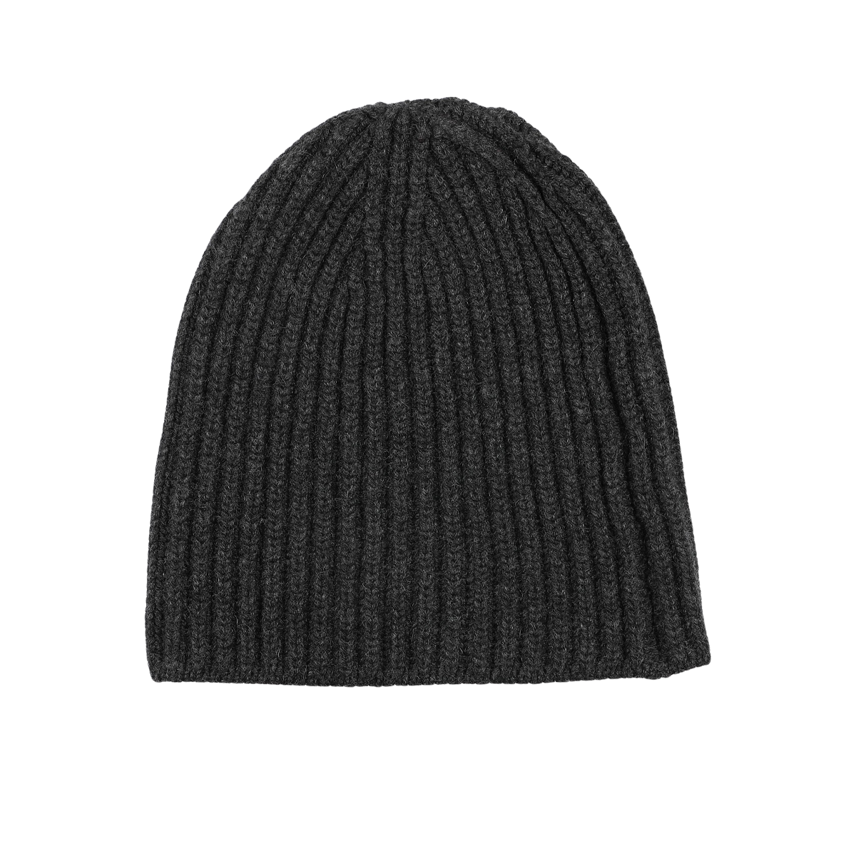 The Charcoal Grey Cashmere Ribbed Short Beanie by William Lockie rests elegantly on a white background.