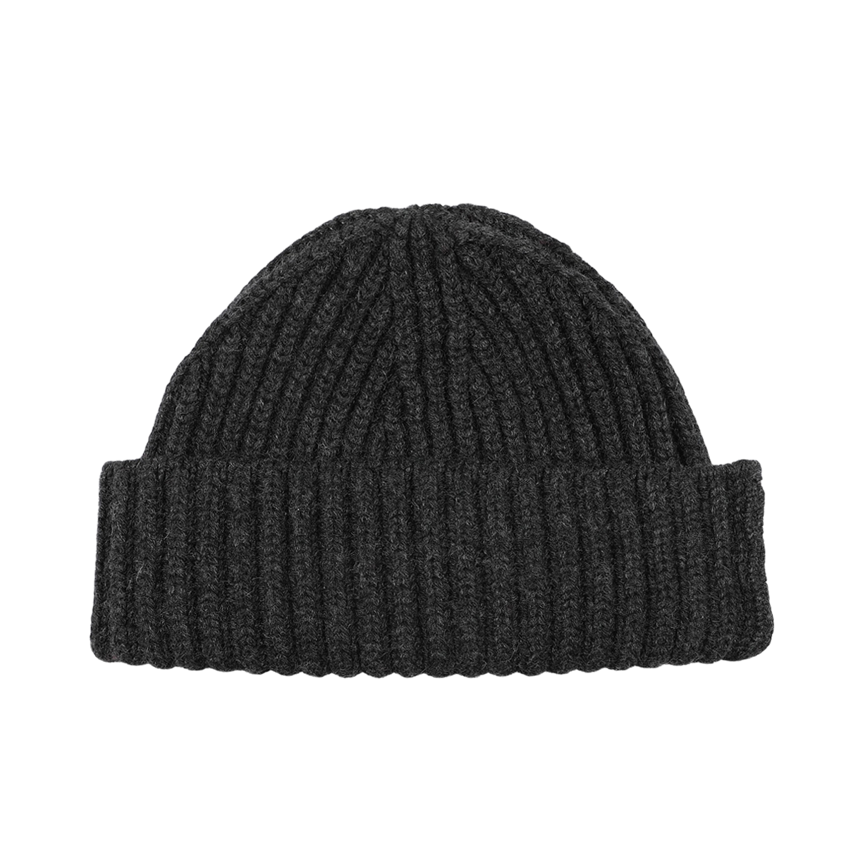 The Charcoal Grey Cashmere Ribbed Short Beanie by William Lockie is elegantly displayed against a plain white background, highlighting its luxurious cashmere material and ribbed knit design with a folded brim.