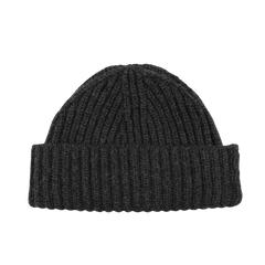 The Charcoal Grey Cashmere Ribbed Short Beanie by William Lockie is elegantly displayed against a plain white background, highlighting its luxurious cashmere material and ribbed knit design with a folded brim.