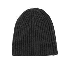 The Charcoal Grey Cashmere Ribbed Short Beanie by William Lockie rests elegantly on a white background.