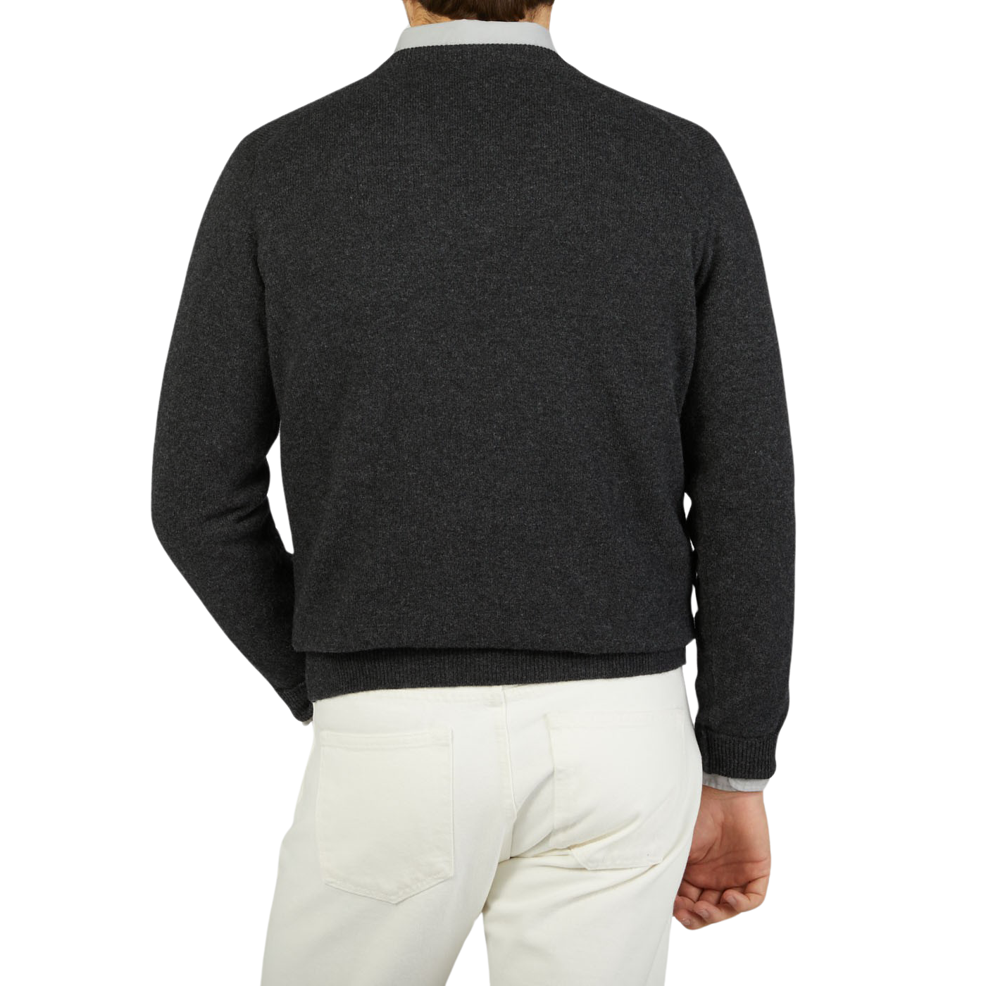 The back view of a man wearing a William Lockie Charcoal Grey V-neck Lambswool Sweater.