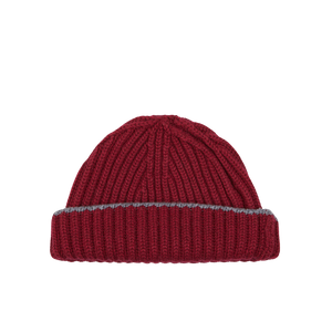 A Claret Smog Cashmere Ribbed Short Beanie by William Lockie on a white background.