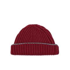 A Claret Smog Cashmere Ribbed Short Beanie by William Lockie on a white background.