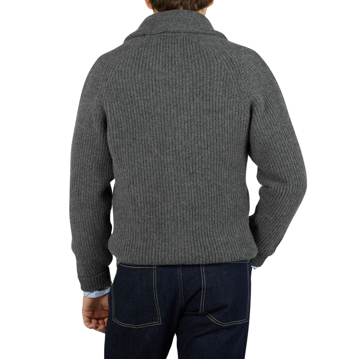 The back view of a man wearing a William Lockie Cliff Grey Lambswool Shawl Collar Cardigan with leather buttons.
