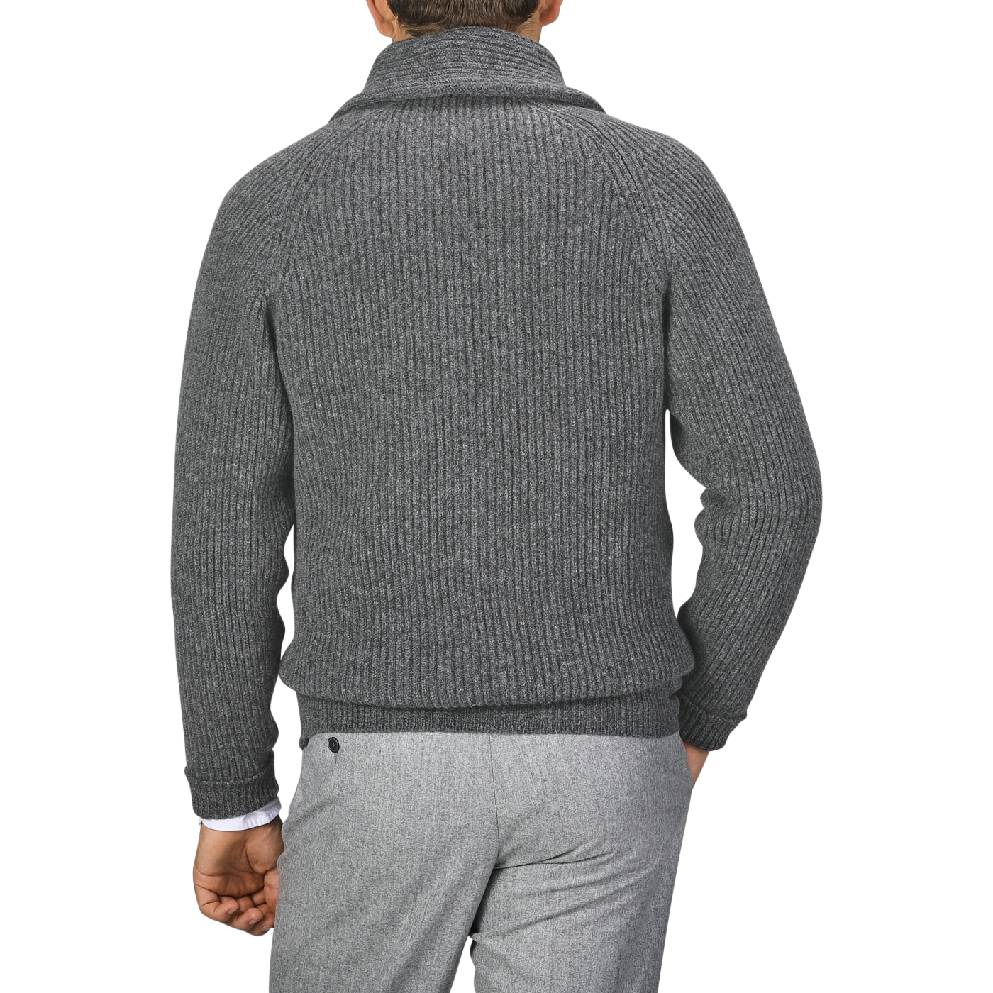 A man is seen from the back wearing a Cliff Grey Lambswool Shawl Collar Cardigan by William Lockie and gray pants.