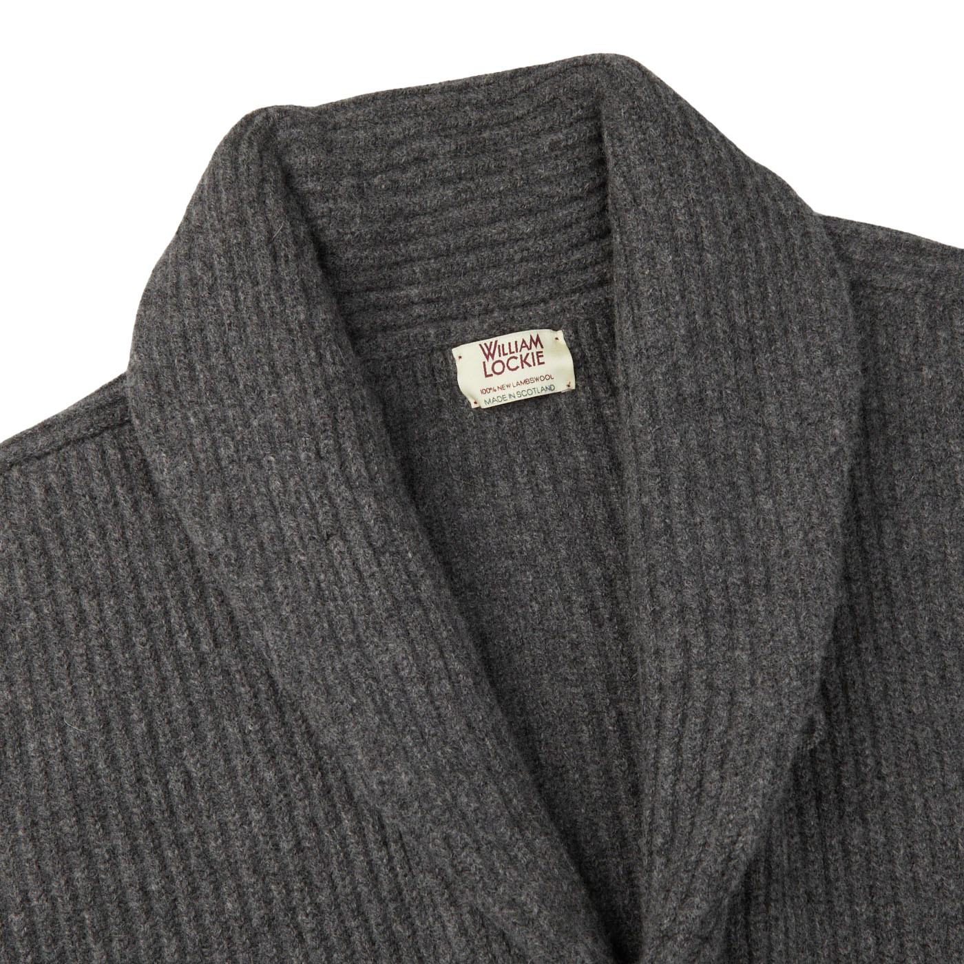 A William Lockie Cliff Grey Lambswool Shawl Collar Cardigan with leather buttons.