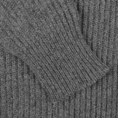 Close-up of the Cliff Grey Lambswool Shawl Collar Cardigan by William Lockie, showcasing its detailed ribbed texture, sleeve, and leather buttons.