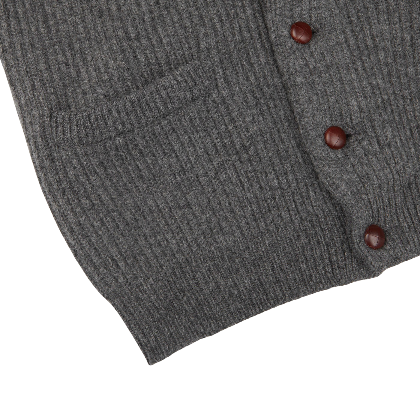 A William Lockie Cliff Grey Lambswool Shawl Collar Cardigan with leather buttons on the front.