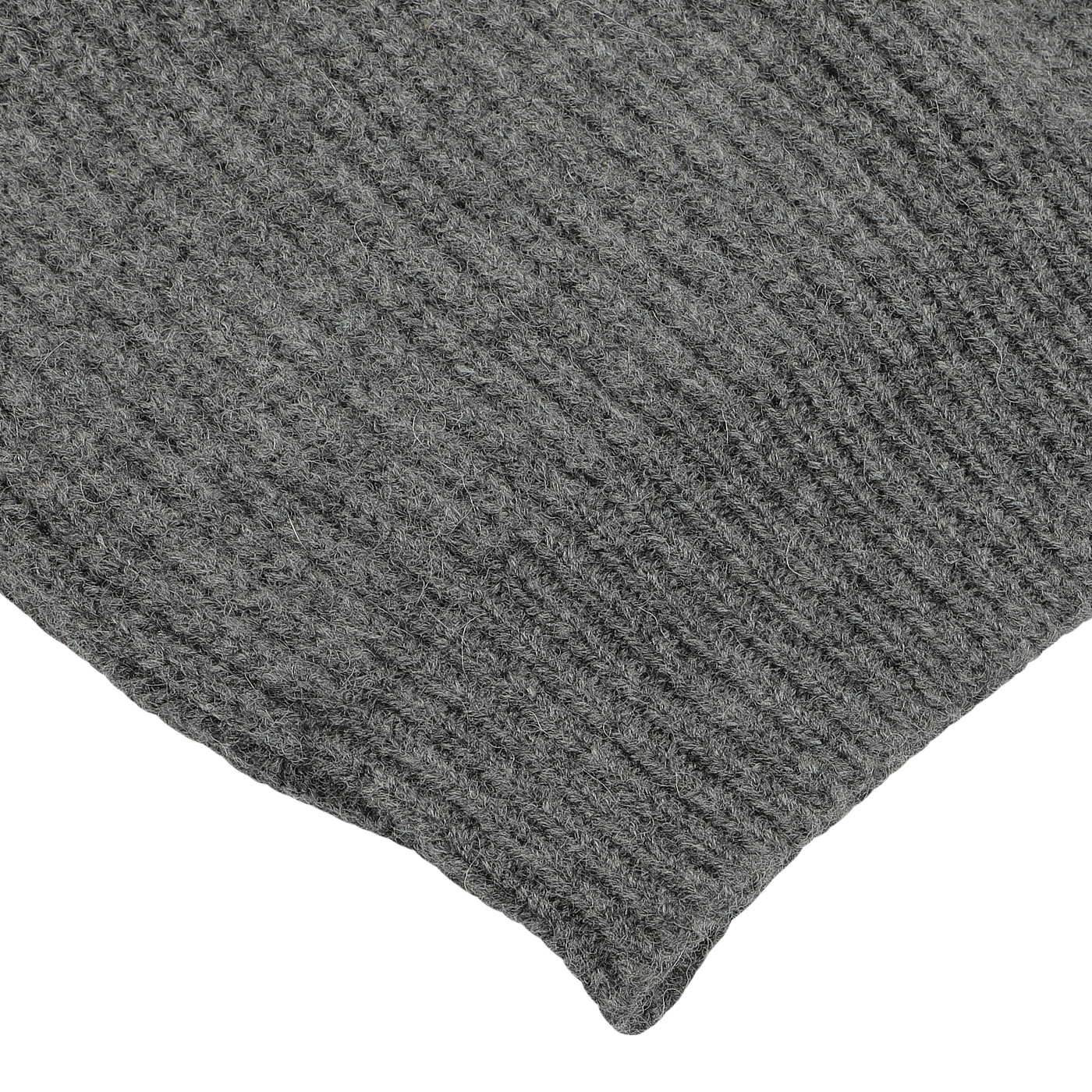 Close-up of a gray knitted fabric with a ribbed texture, showing detailed stitching—a perfect match for the Cliff Grey Lambswool Shawl Collar Cardigan from William Lockie.