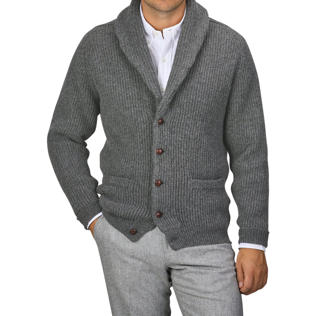 Cliff Grey Lambswool Shawl Collar Cardigan