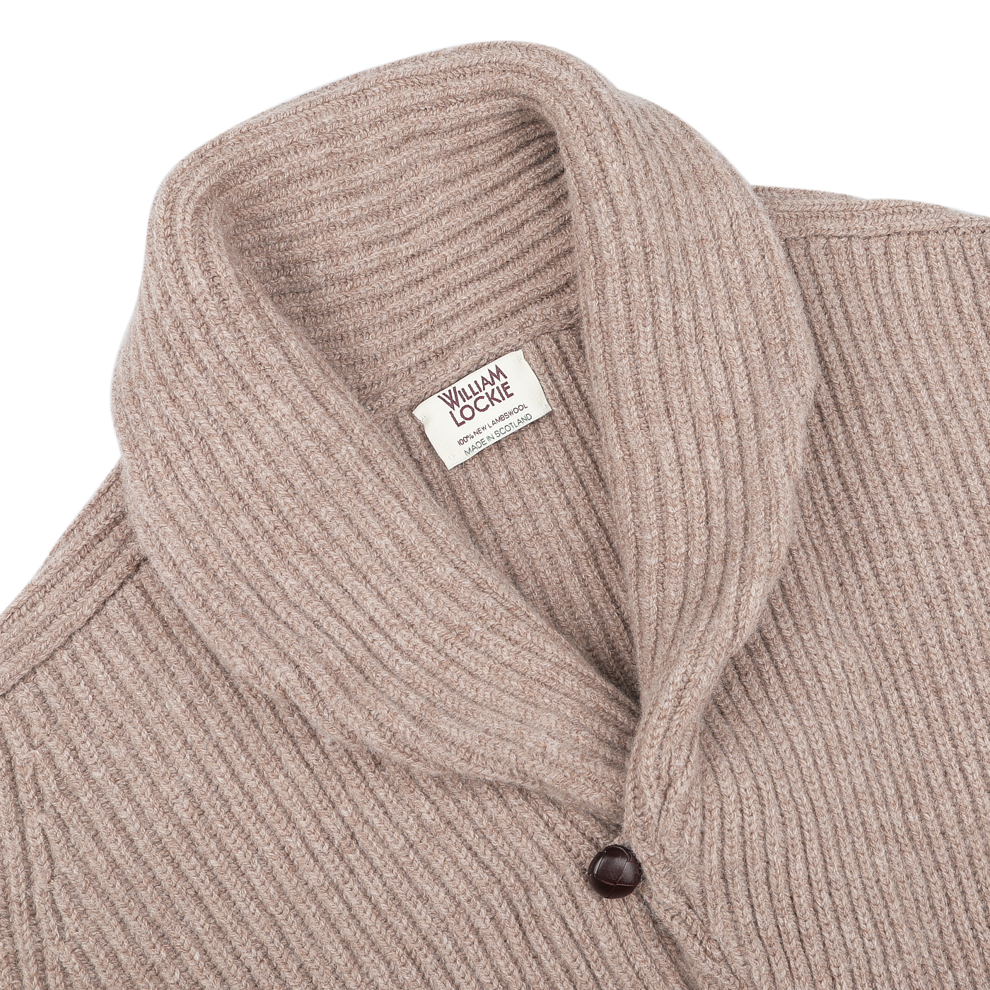 A Colt Beige Lambswool Shawl Collar Cardigan by William Lockie, featuring a ribbed wool design, a Scottish lambswool shawl collar, and a single leather button.