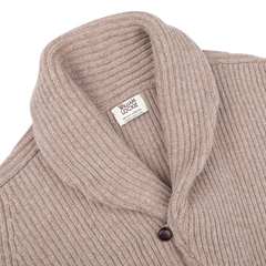 A Colt Beige Lambswool Shawl Collar Cardigan by William Lockie, featuring a ribbed wool design, a Scottish lambswool shawl collar, and a single leather button.