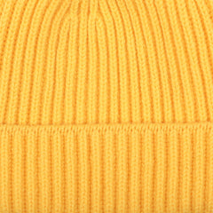 Close-up of a Daffodil Yellow Geelong Lambswool Ribbed Beanie by William Lockie, highlighting its soft ribbed texture.