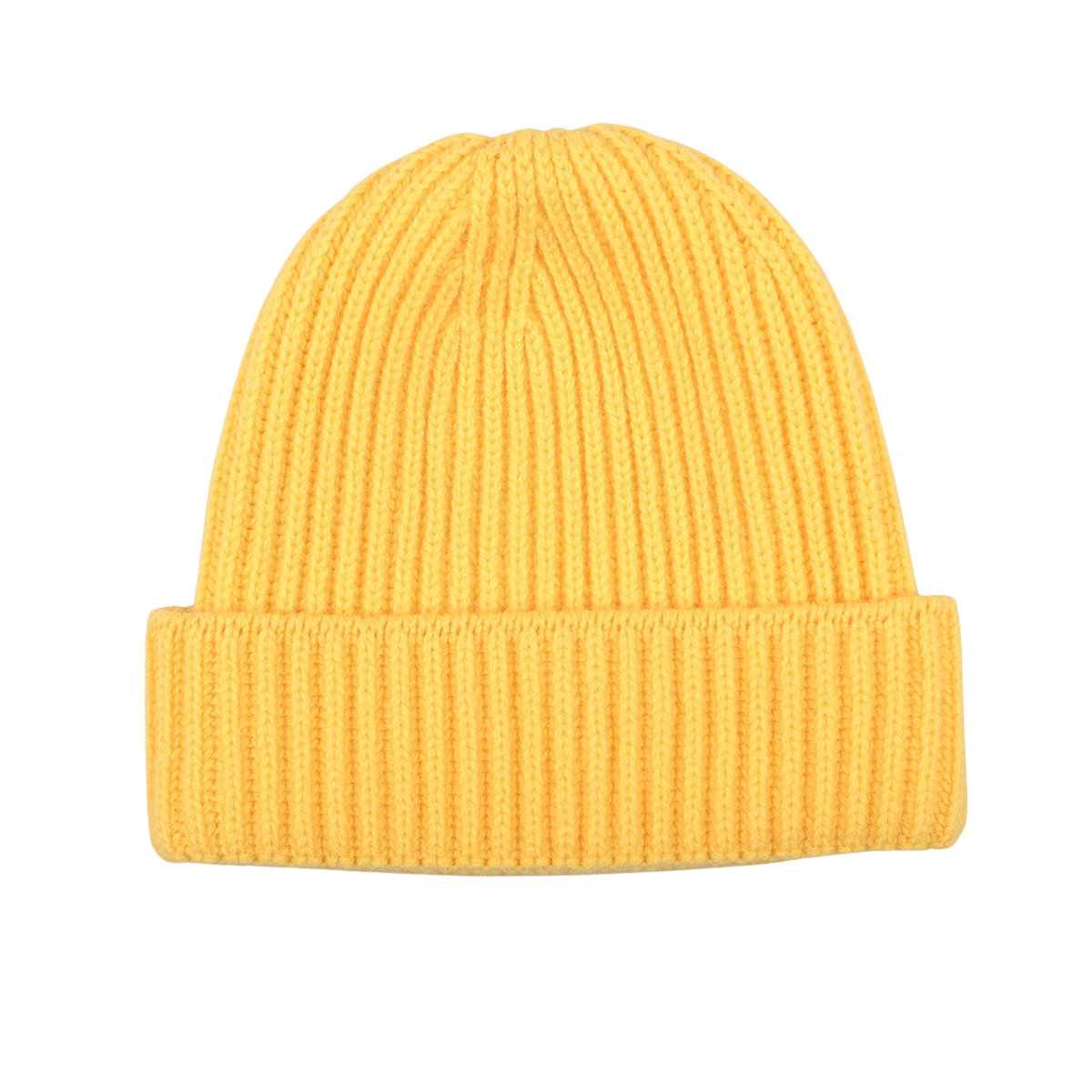 William Lockie's Daffodil Yellow Geelong Lambswool Ribbed Beanie, featuring a folded brim, is showcased against a white background.