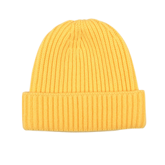 William Lockie's Daffodil Yellow Geelong Lambswool Ribbed Beanie, featuring a folded brim, is showcased against a white background.