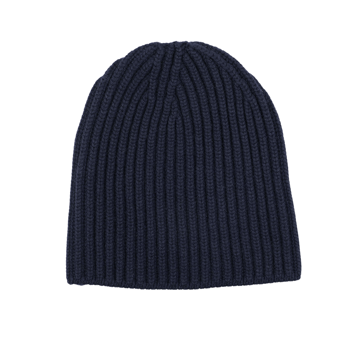 The Dark Navy Cashmere Short Ribbed Beanie by William Lockie is elegantly showcased on a pristine white background.