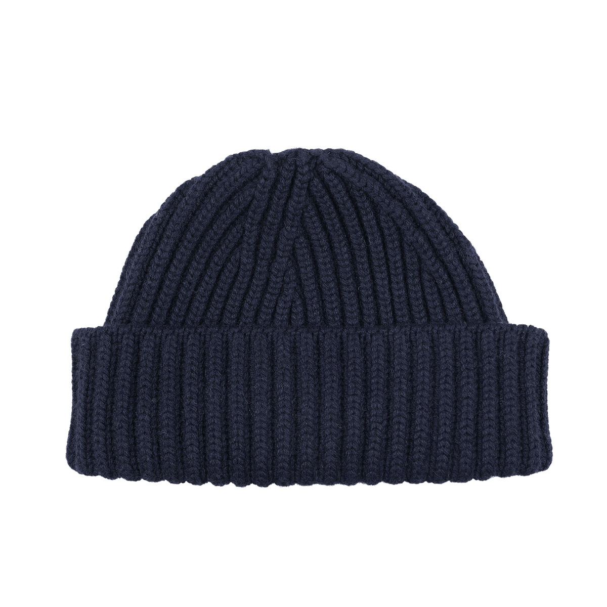 A luxurious William Lockie Dark Navy Cashmere Short Ribbed Beanie graces the black background, exuding elegance and warmth.